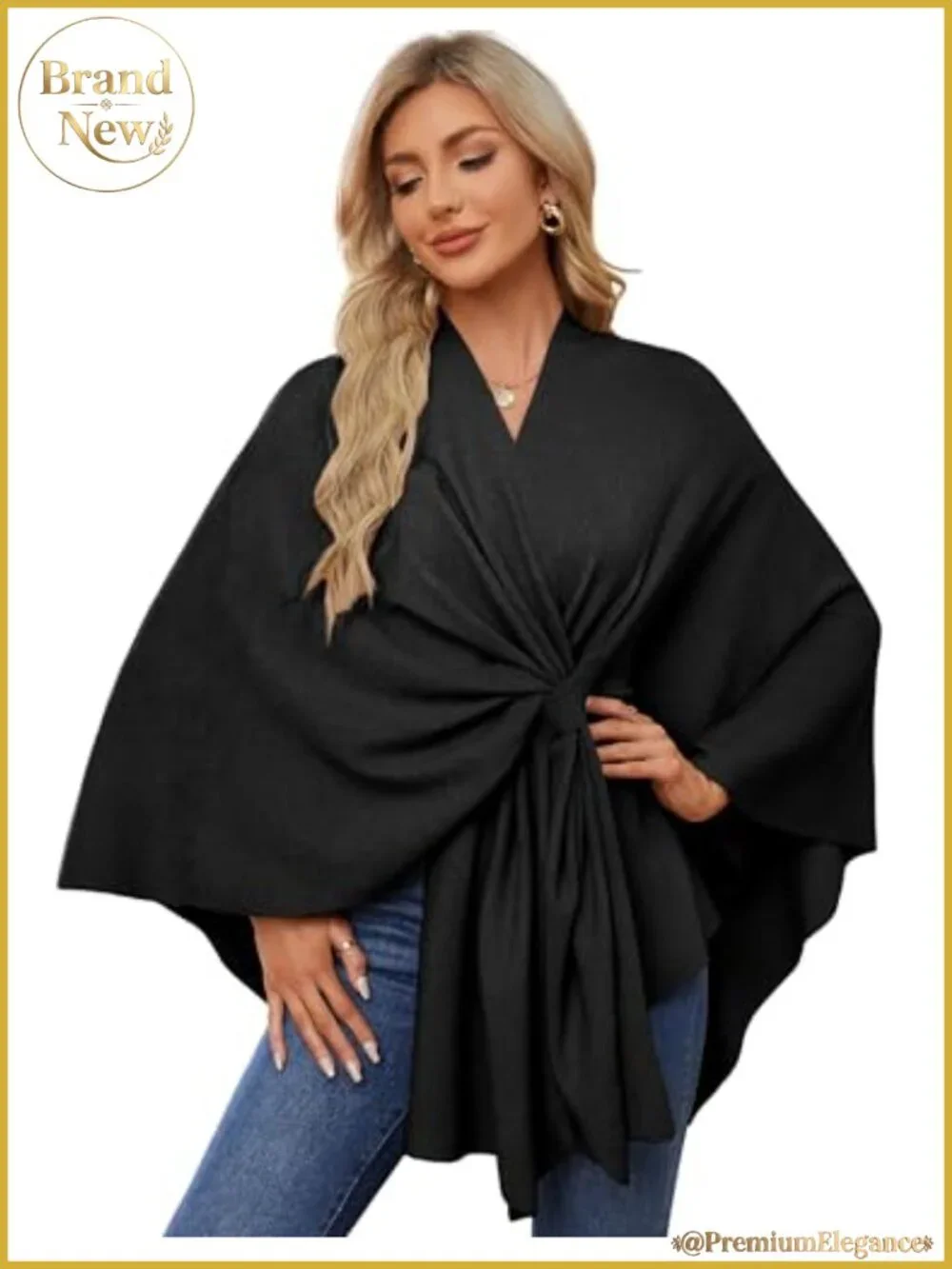 Ribbed Knit Shawl Wrap Open Front Poncho Sweater Wrinkle Resistant